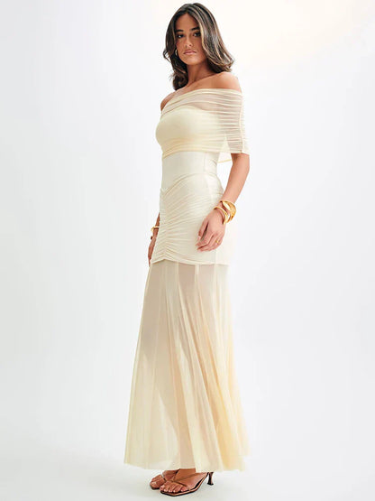 Damen Maxi-Kleid Off-Shoulder Mesh Figurbetont