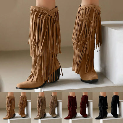 Damen Fransen Stiefel Blockabsatz Schwarz - Norvielle