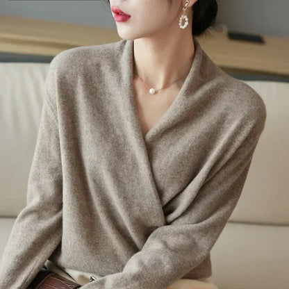 Damen Wickelpullover V-Ausschnitt Weich Warm