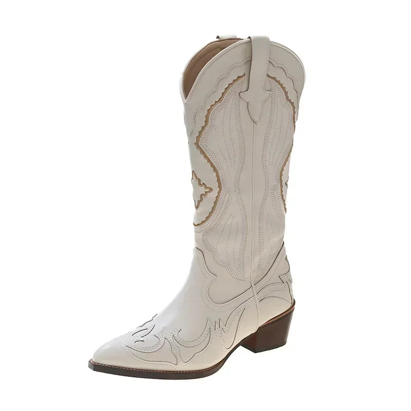 Damen Westernstiefel Bestickt Leder Braun