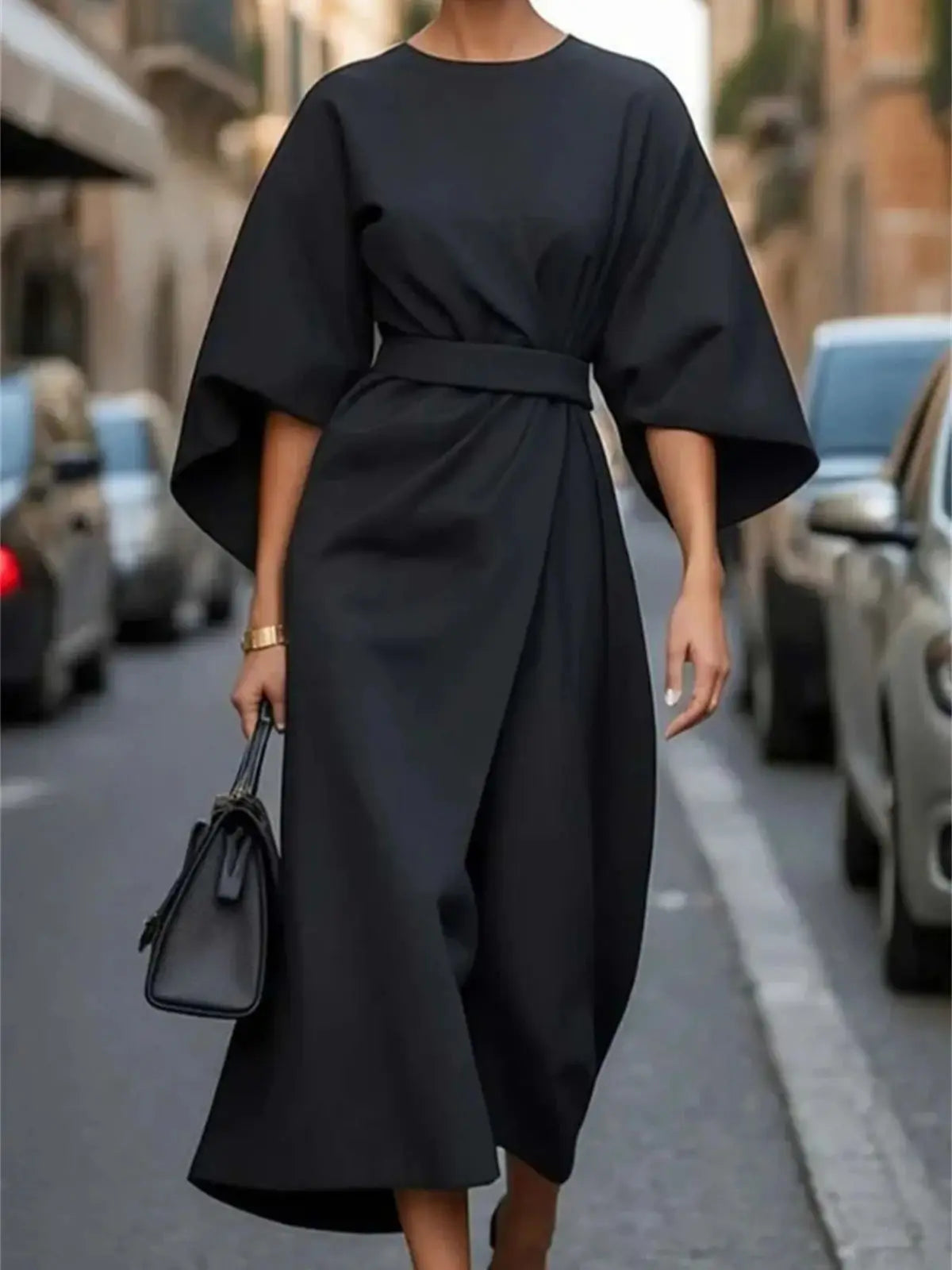 Elegantes Damen Midi-Kleid mit Gürtel und Trompetenärmeln - Norvielle