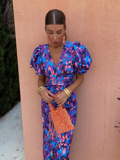 Damen Sommerkleid Bedruckt Puffärmel Midi Lang