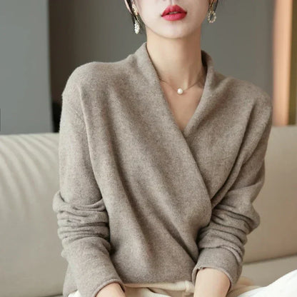 Damen Wickelpullover V-Ausschnitt Weich Warm