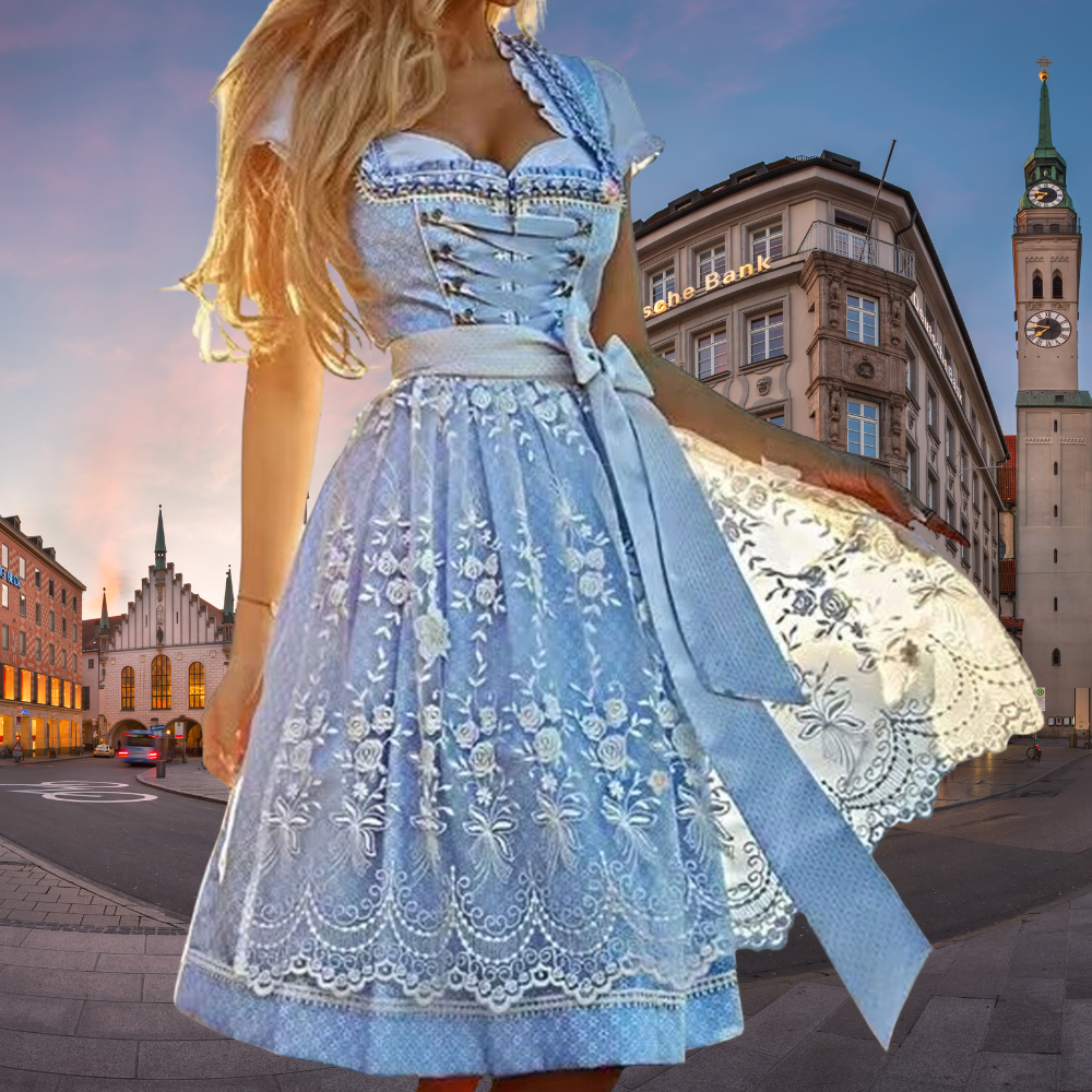 Damen Dirndl Set Traditionell mit Schürze Bayerisch Blau - Norvielle