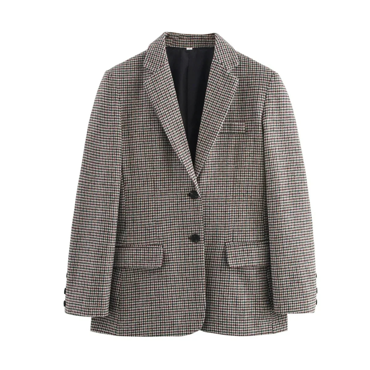 nahaufnahme karierter damen blazer mit schwarzen knöpfen