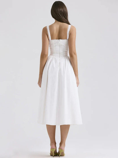 Damen Leinenkleid Luftig Romantisch Sommerkleid Weiss
