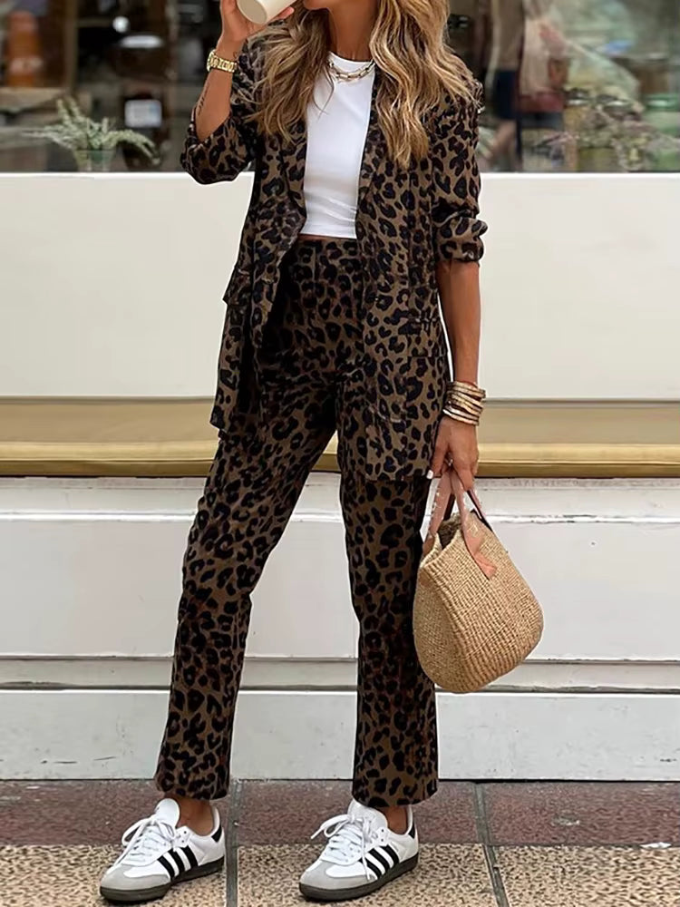 Damen Leopard Blazer Set mit Hose - Norvielle