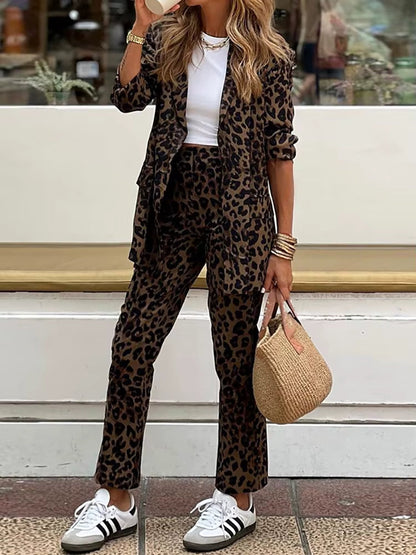 Damen Leopard Blazer Set mit Hose - Norvielle