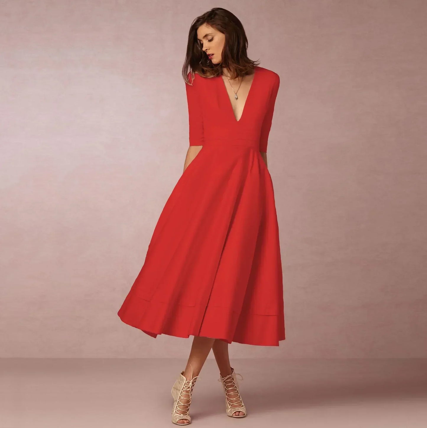 Damen Midi Kleid Fließend Lang