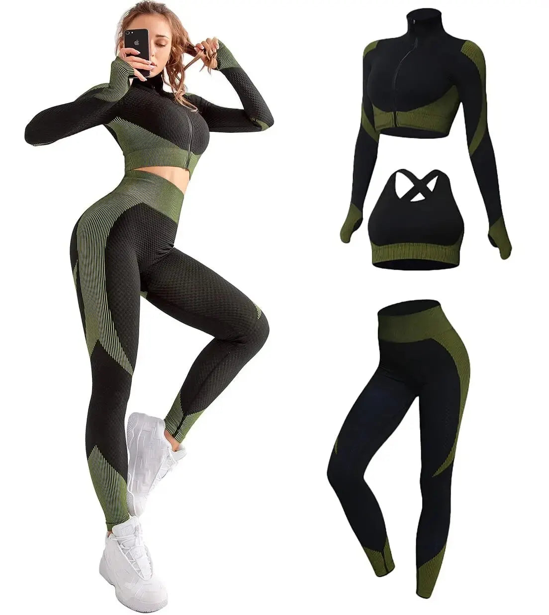 Norvica Seamless Set in Schwarz-Oliv, Modell in Bewegung
