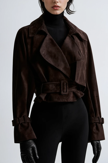 Damen Lederjacke Cropped Suedelook Taillengürtel Schwarz - Norvielle
