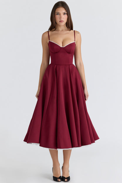 bordeaux corset midi dress inspired look mit vollem rock
