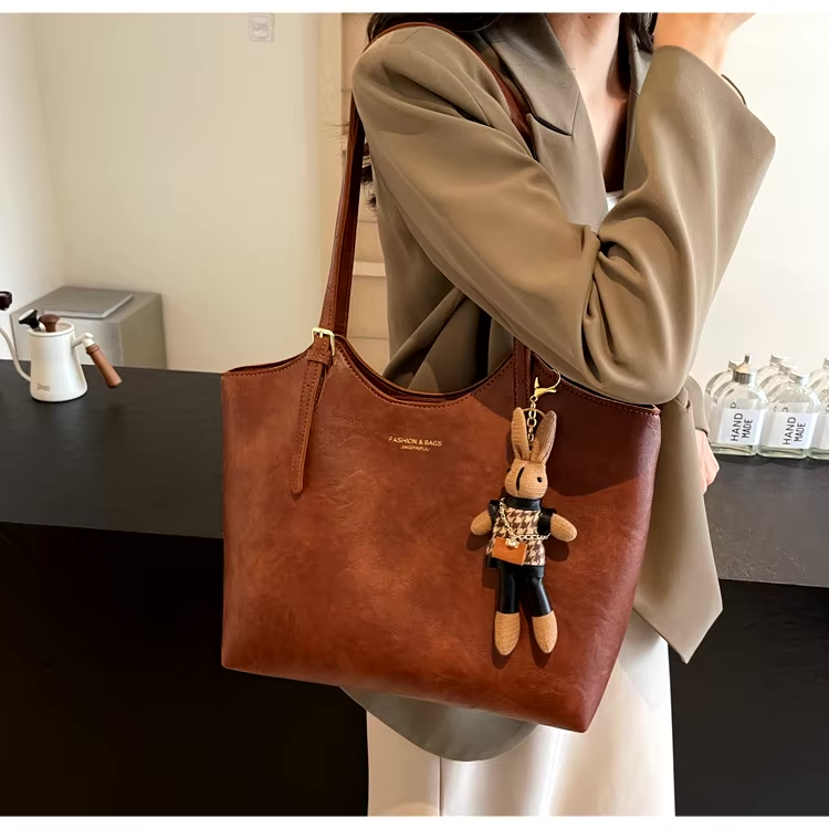 Große Schultertasche Vegan-Leder Vintage-Look Abnehmbar