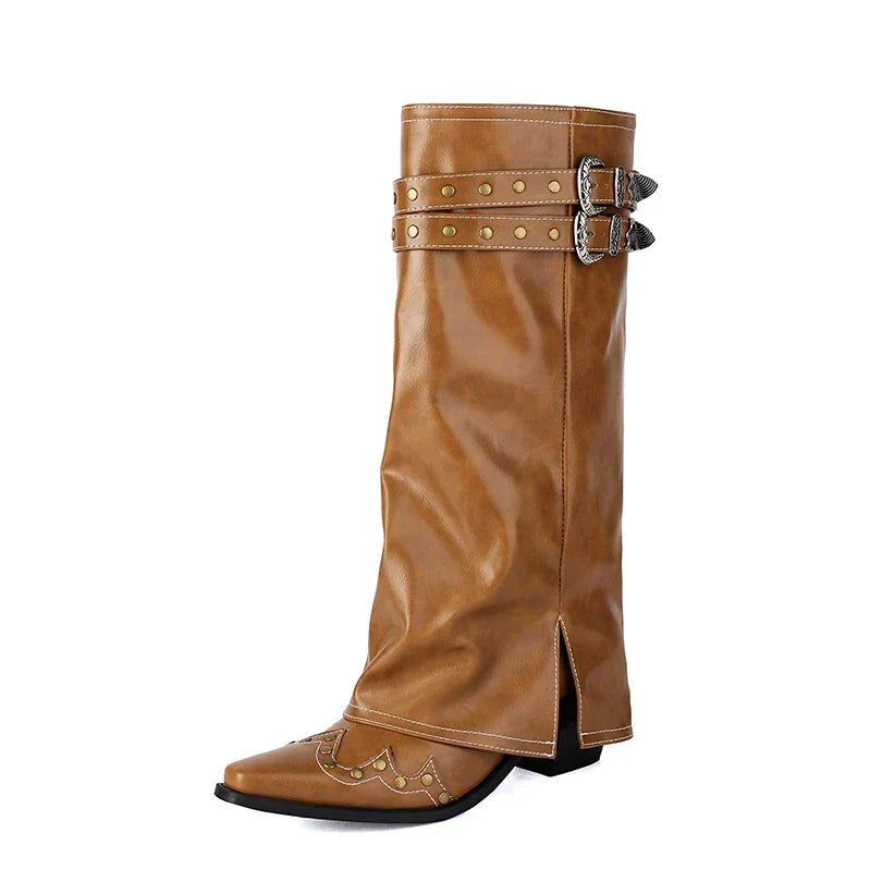 Damen Western Stiefel Spitze Kappe Nieten Leder