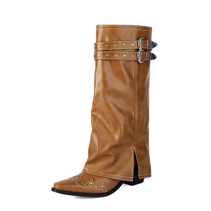 Damen Western Stiefel Spitze Kappe Nieten Leder