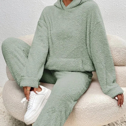Damen Fleece Schlafanzug 2-teilig Warm Weich Mit Kapuze