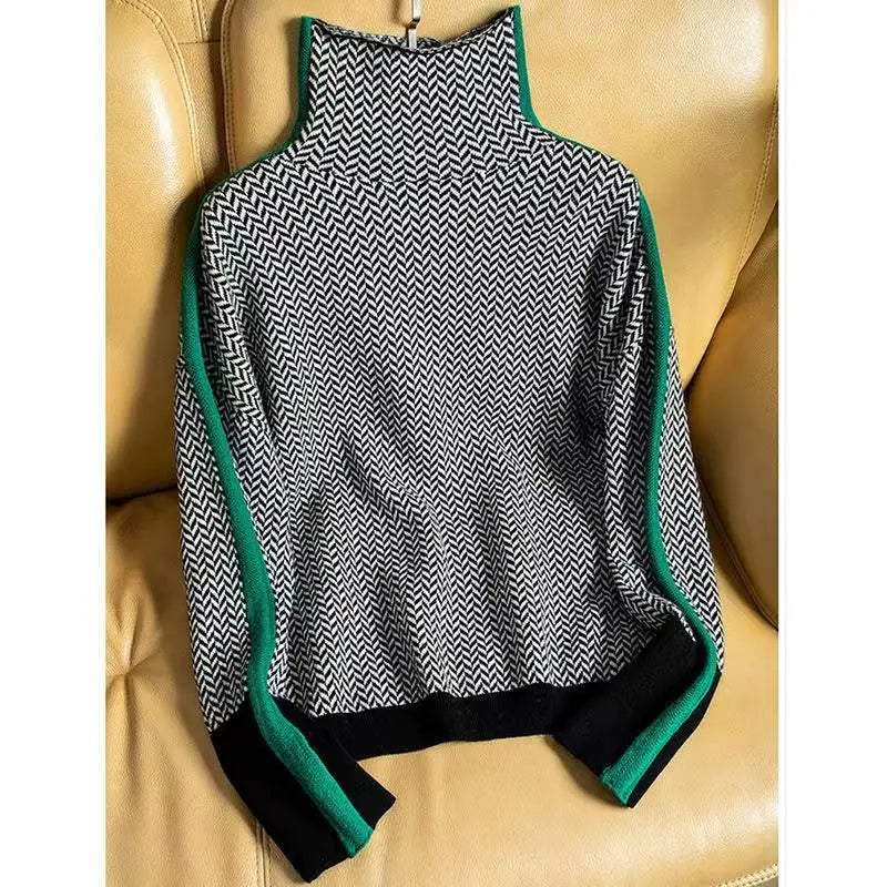 Damen Rollkragenpullover Fischgratmuster Warm