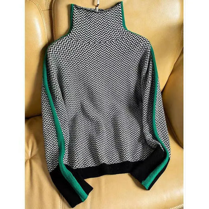 Damen Rollkragenpullover Fischgratmuster Warm
