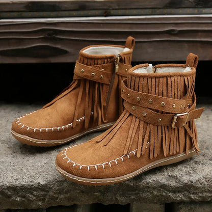 Damen Stiefeletten Wildleder mit Fransen und Nieten - Norvielle