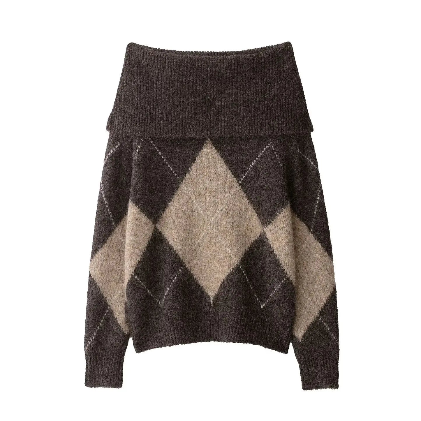 Damen Off-Shoulder Strickpullover Argyle Muster - Norvielle