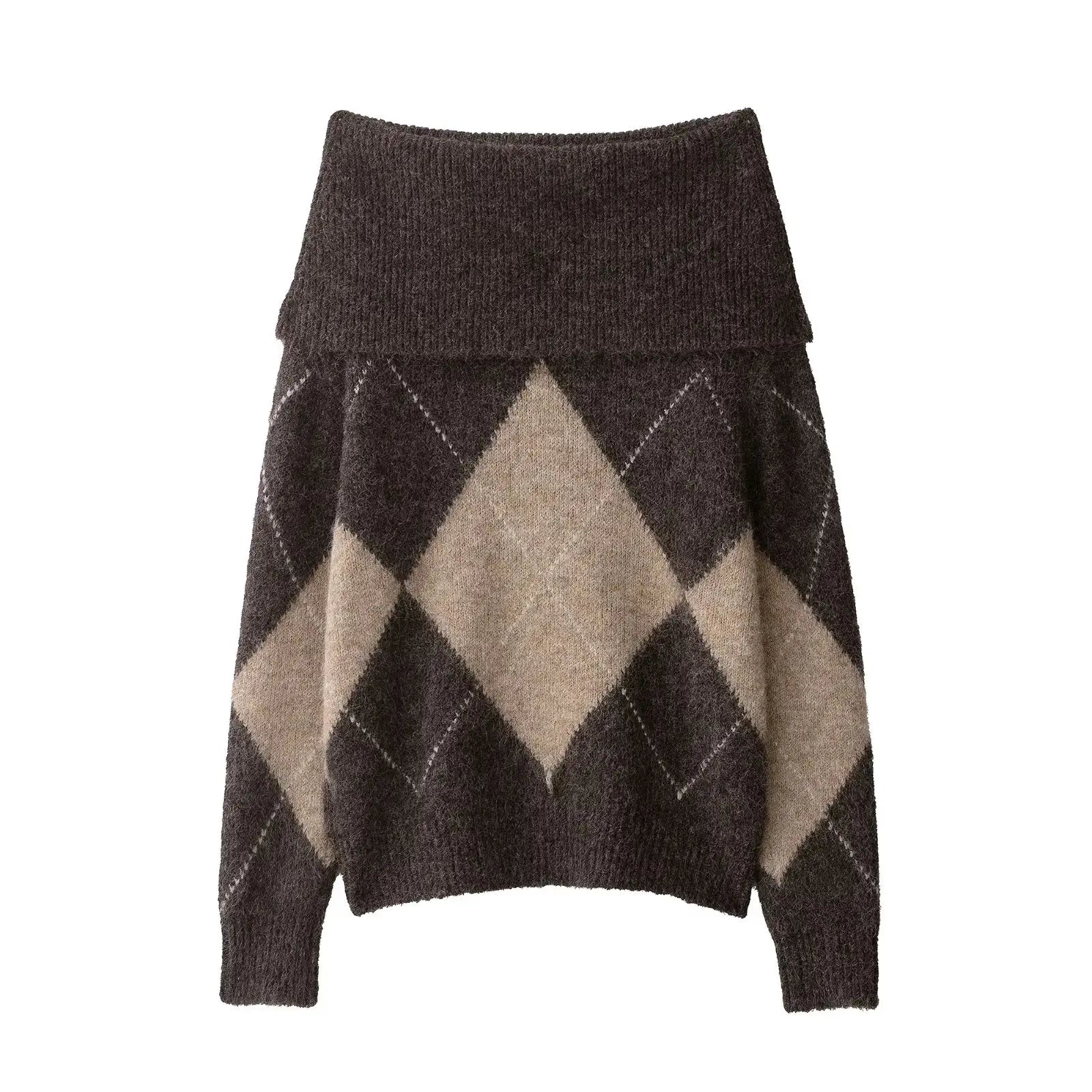Damen Off-Shoulder Strickpullover Argyle Muster - Norvielle