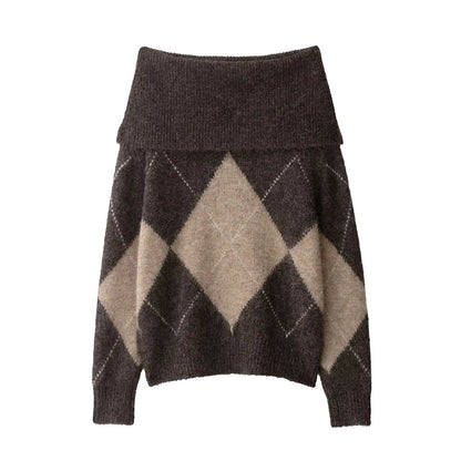 Damen Off-Shoulder Strickpullover Argyle Muster - Norvielle