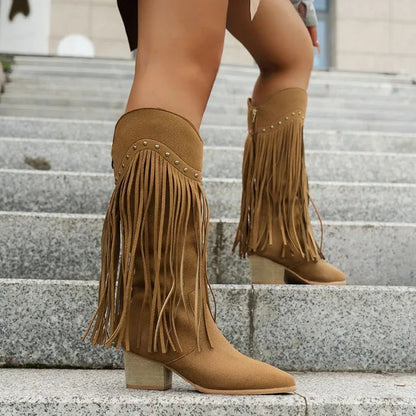 Kniehohe Damenstiefel Rutschfest Spitze Braun