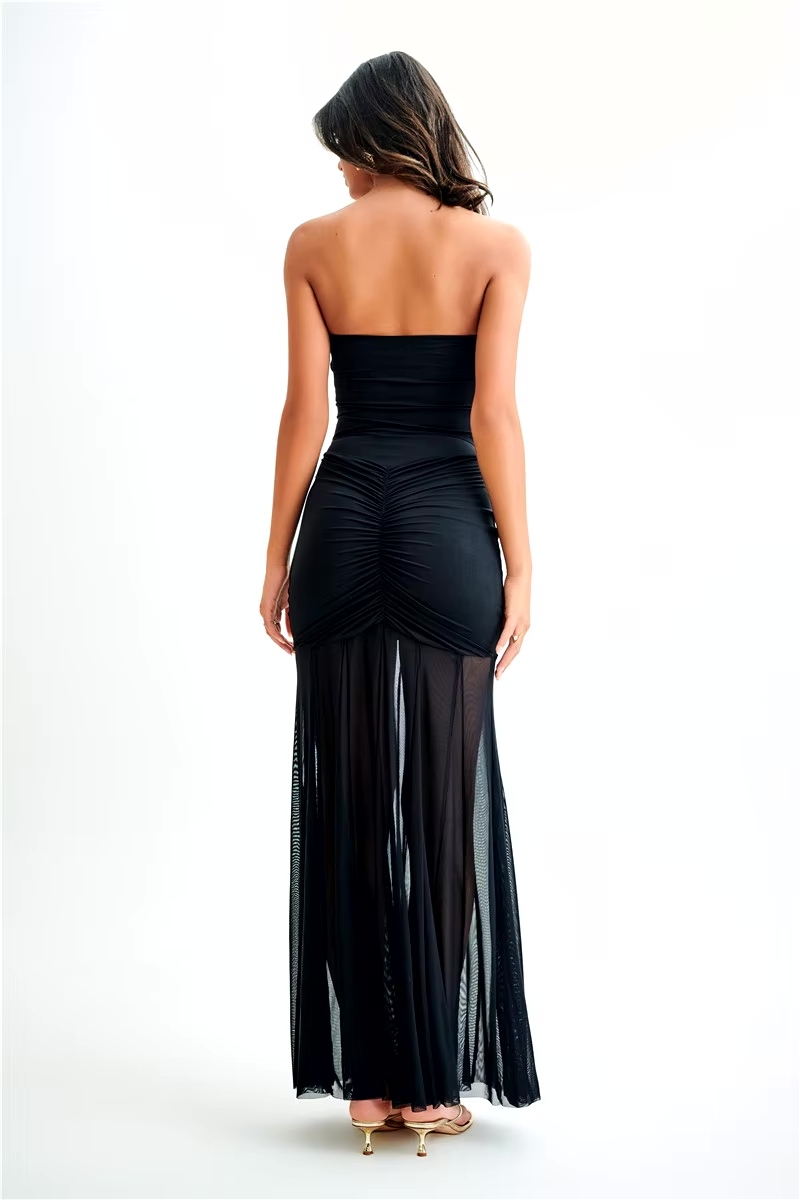 Damen Maxi-Kleid Off-Shoulder Mesh Figurbetont