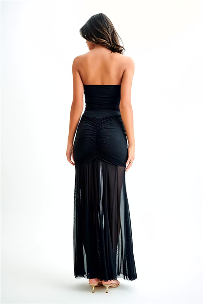 Damen Maxi-Kleid Off-Shoulder Mesh Figurbetont