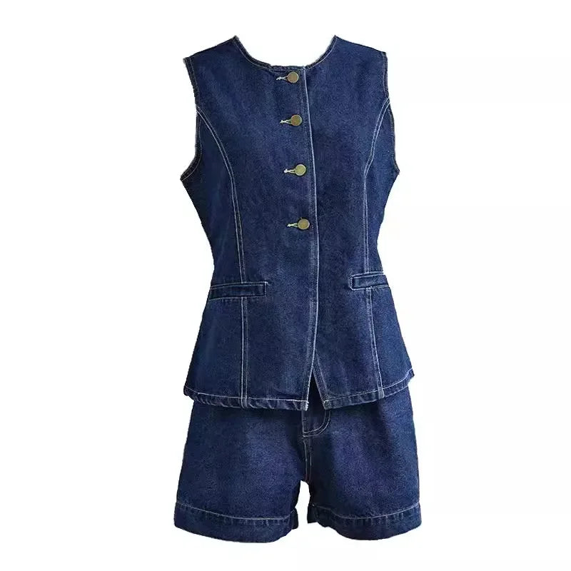 Denim Zweiteiler Damen Set mit Weste und Shorts Sommer