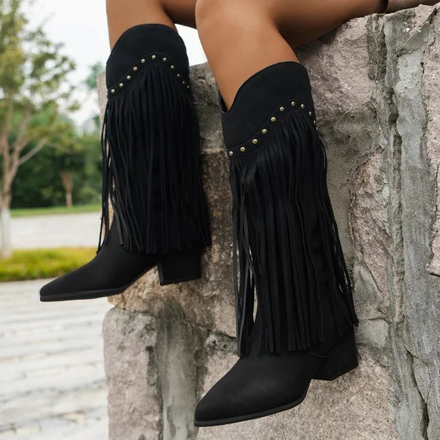Kniehohe Damenstiefel Rutschfest Spitze Braun