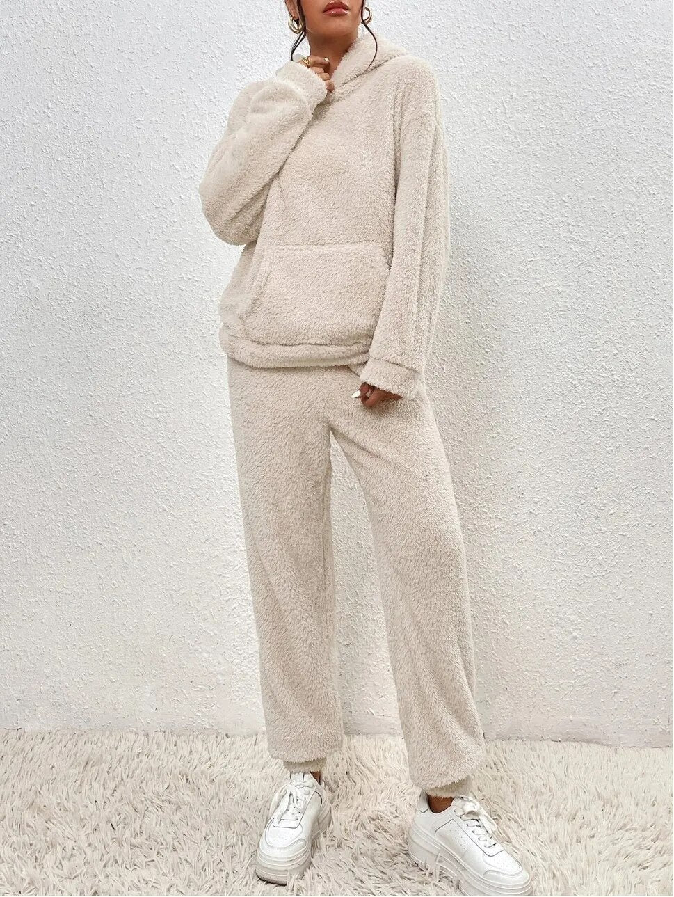 Beige Teddy Fleece Hausanzug mit Kapuze für Damen