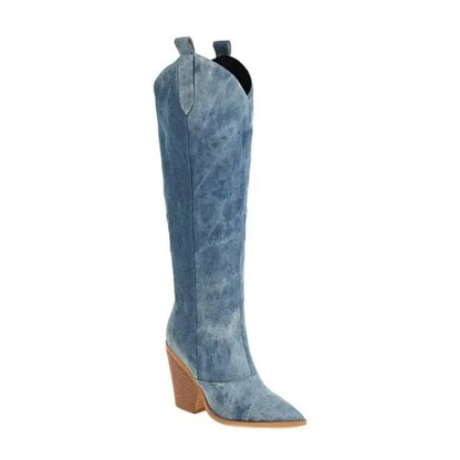 Damen Denim Stiefel Knielang Jeans Schuhe