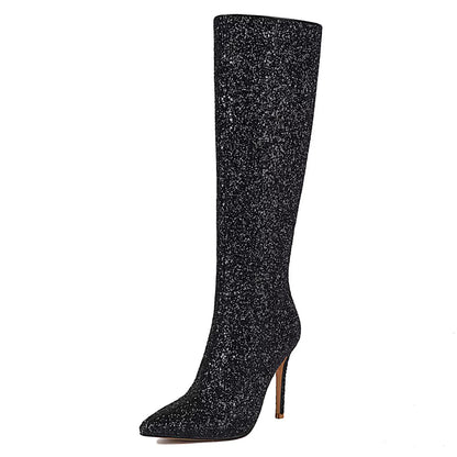 Damen Stiefel Kniehoch Glitzer Spitze Stilettoabsatz