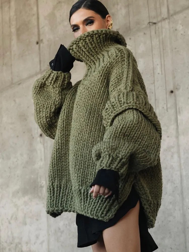 Damen Oversize Strickpullover Rollkragen Grobstrick