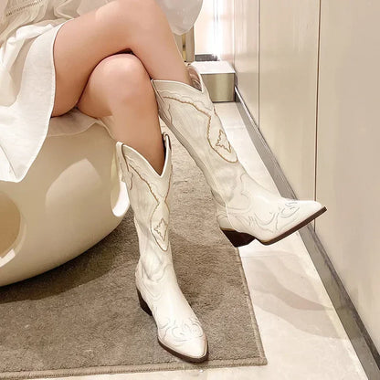 Damen Westernstiefel Bestickt Leder Braun
