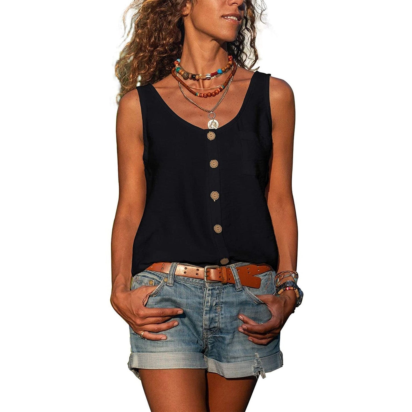 Damen Tanktop Knöpfe Seitentasche Baumwolle