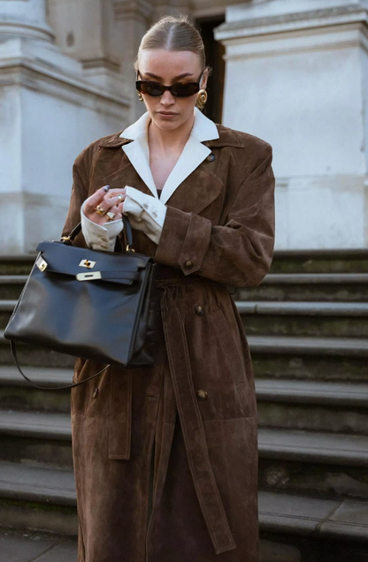 Damen Leder-Trenchcoat Lang Wildleder