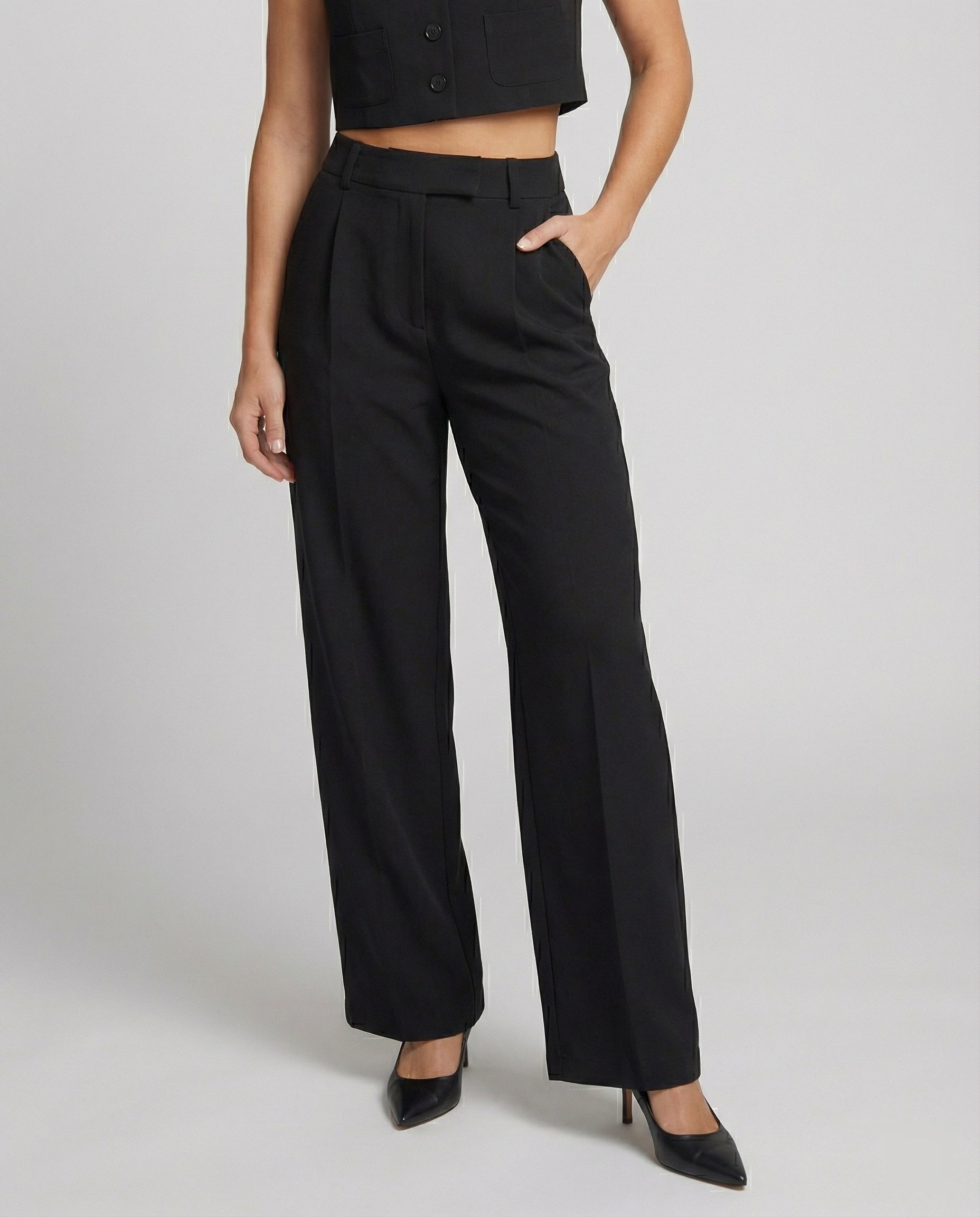 Damen High-Waist-Stoffhose Weites Bein Schwarz - Norvielle