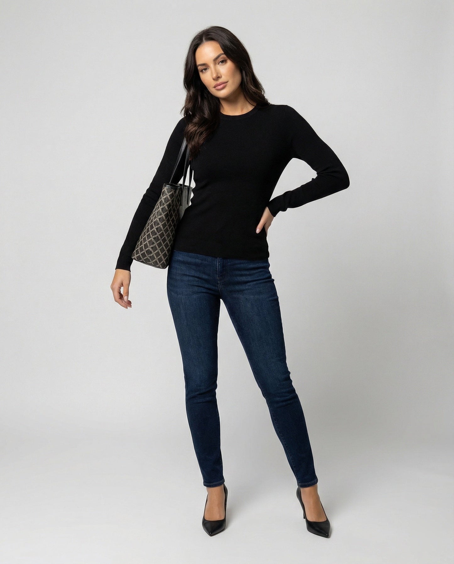 Damen Slim-Fit Pullover Langarm Rundhals Schwarz - Norvielle