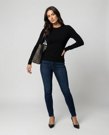 Damen Slim-Fit Pullover Langarm Rundhals Schwarz - Norvielle