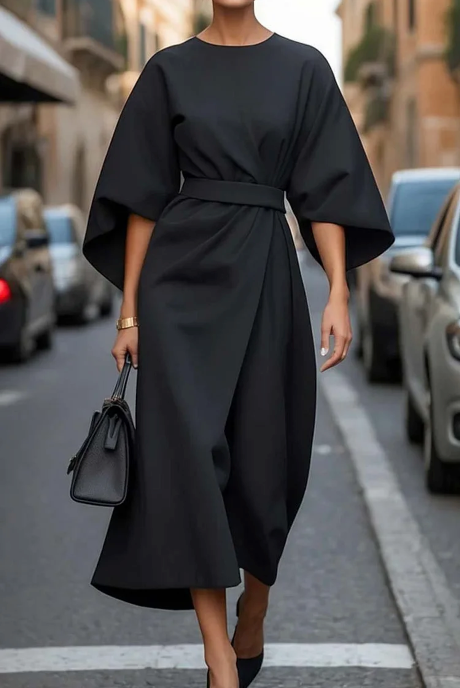 Elegantes Damen Maxikleid Mit Gürtel Lang Schwarz - Norvielle