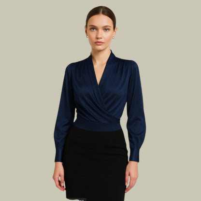 Damen Satin Bluse Elegant Wickelbluse Schwarz - Norvielle
