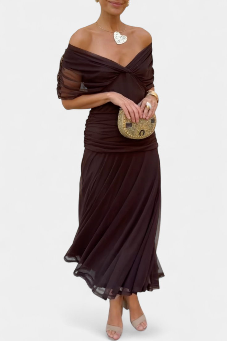 Damen Abendkleid Off-Shoulder Elegantes Seidenkleid
