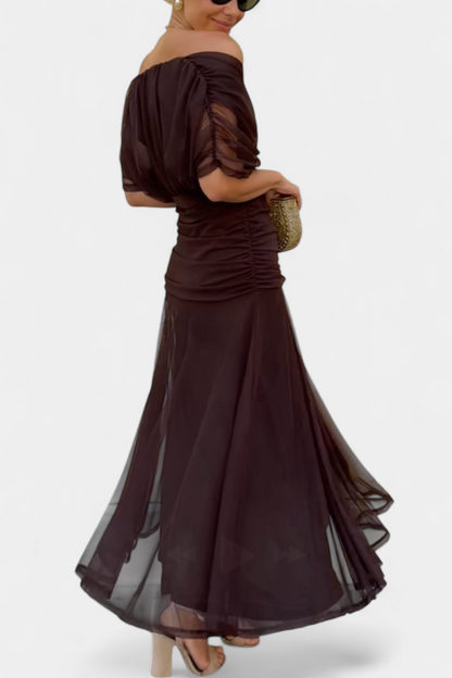 Damen Abendkleid Off-Shoulder Elegantes Seidenkleid