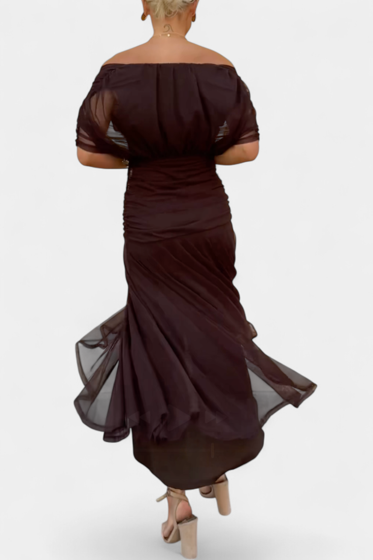 Damen Abendkleid Off-Shoulder Elegantes Seidenkleid