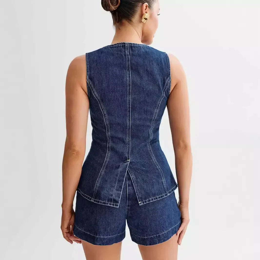 Denim Zweiteiler Damen Set mit Weste und Shorts Sommer