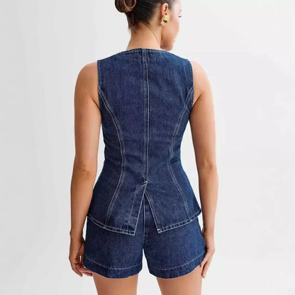 Denim Zweiteiler Damen Set mit Weste und Shorts Sommer