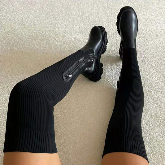 Damen Stiefel Gerippt Klobige Sohle Blockabsatz Schuhe - Norvielle