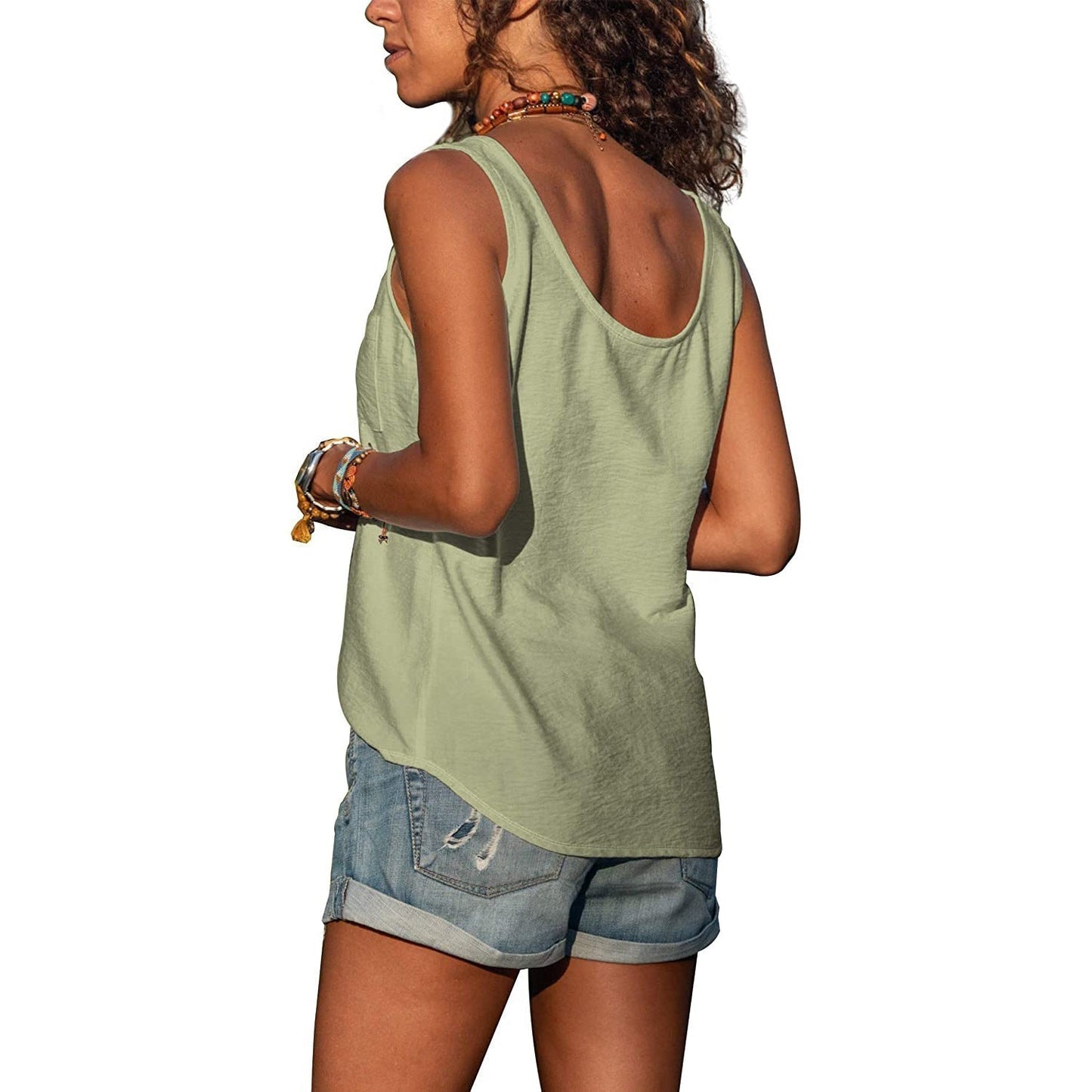 Damen Tanktop Knöpfe Seitentasche Baumwolle